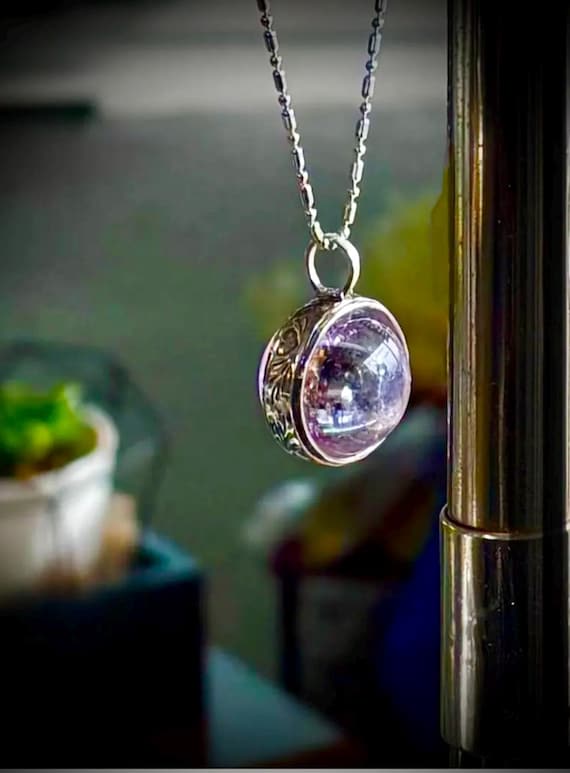 Amethyst Quartz Ball Pendant Necklace, Sterling Silver Bezel Handmade orb amulet