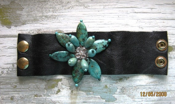 Genuine Turquoise Gemstone Blossom Black Leather Cuff bracelet handmade one of a kind fits 6 6.7 inch wrist Swarovski Clear Crystal center