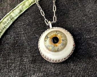 Large Realistic Hand blown Glass Eye Pendant Sterling Silver Hand Made Bezel Green Hazel Brown 25mm round with red veins free chain custom