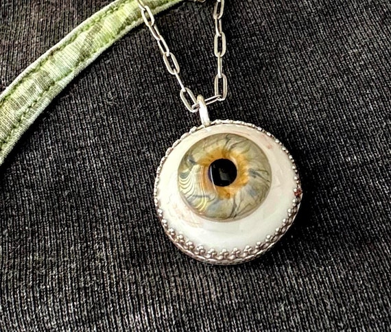 Large Realistic Hand blown Glass Eye Pendant Sterling Silver Hand Made Bezel Green Hazel Brown 25mm round with red veins free chain custom