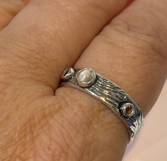 Gemstone ring Bark textured sterling silver unisex band with choice of gems moonstone garnet citrine others custom size 5 6 7 8 9 10 11 12