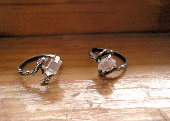 Raw Herkimer diamond Crystal Quartz double terminated Twig Ring Sterling Silver handmade bohemian size 2 3 4 5 6 7 8 9 10 unusual oddity