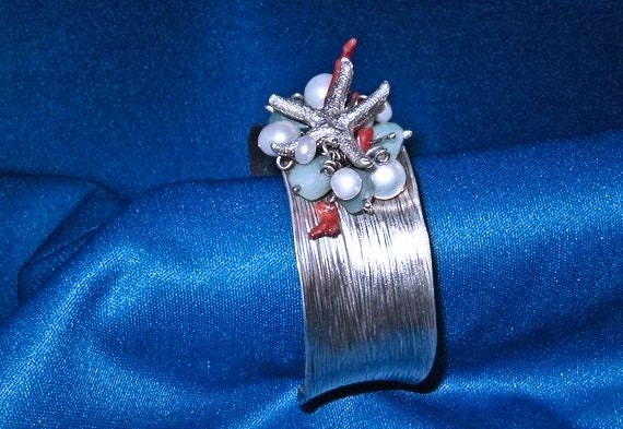 Fine Silver Baby Starfish PMC Rare Natural Red Coral Pearl Sterling Cuff Bracelet handmade fine jewelry one of a kind small medium size