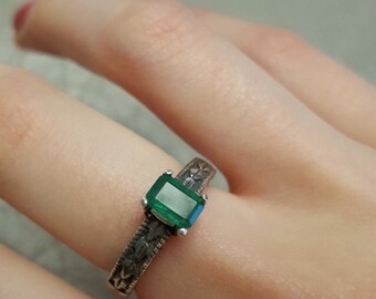 Green Emerald Genuine Cut Gemstone Sterling Silver Ring Blue Sapphire Tanzanite Handmade Fine Jewelry Patterned 1/2 size 4 5 6 7 8 9 10 1/2