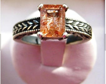 Sunstone Fiery Sparks Orange Natural Copper Collector Stone Ring Sterling Silver Handmade 1/2 4 5 6 7 8 9 10 11 half sizes fi