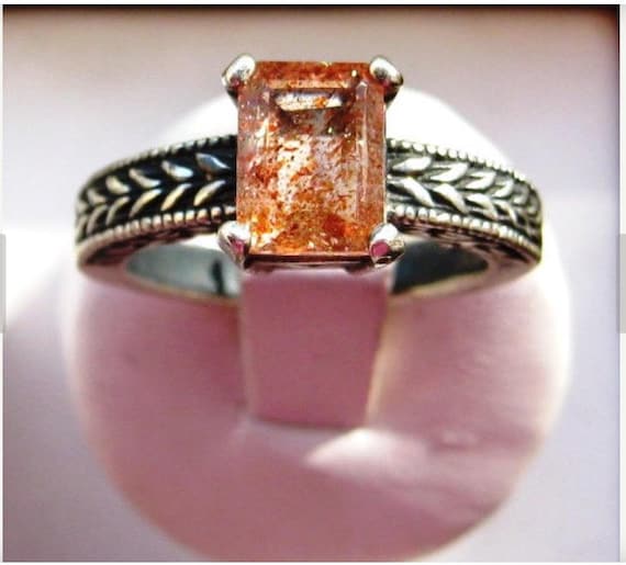 Sunstone Fiery Sparks Orange Natural Copper Collector Stone Ring Sterling Silver Handmade 1/2 4 5 6 7 8 9 10 11 half sizes fi