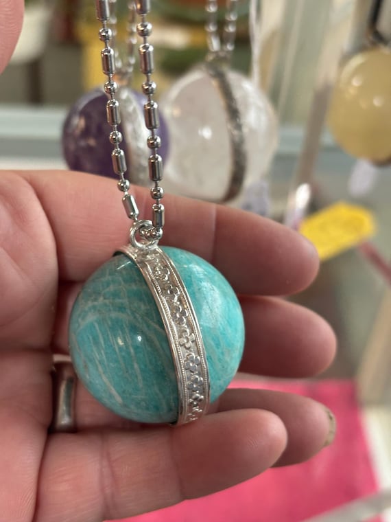 Large Amazonite Turquoise Blue Crystal Ball Sphere Pendant Sterling Silver Amethyst /Smoky/ Quartz Necklace free chain handmade fine jewelry