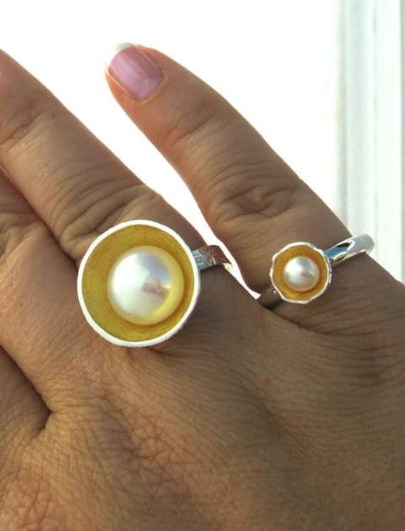 Large White Real Cultured Pearl Ring Fine Silver 18k Yellow Gold Vermeil Accent handmade cup sizes 6 6.5 7 fine jewelry