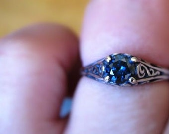 Genuine Blue Diamond .35ct round brilliant or rose cut Filigree Ring Sterling Silver handmade custom size 3 4 5 6 7 8 9 10 11 fine jewelry