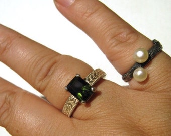 Emerald Cut Green Moldavite Ring Sterling silver handmade fine jewelry size 5 6 7 8 9 10 11 12 13 custom