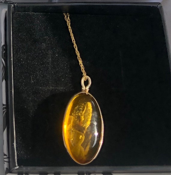 Large Genuine Golden Amber Cabochon 30x20mm Pendant Necklace 14k yellow gold filled bezel 20in chain included handmade fine jewelry