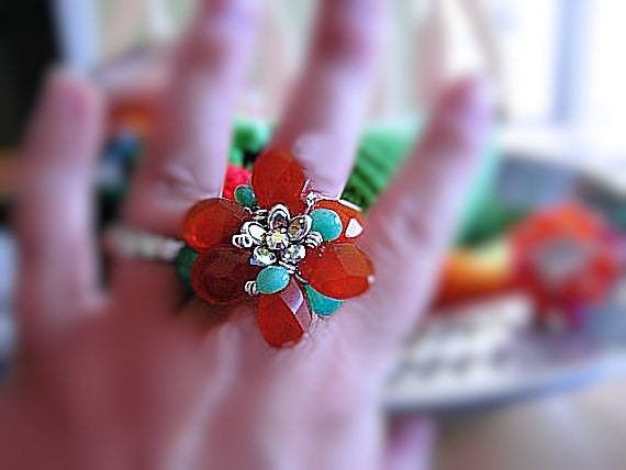 Orange Flower Adjustable Expansion Band Ring Viva la Frida Unique Handmade Carnelian Green Chrysophrase Swarovski Aurora Borialis Crystal