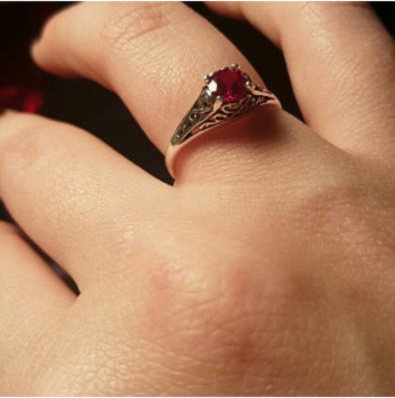Lab Created Ruby .50ct faceted gemstone antiqued vintage filigree sterling silver ring fine jewelry sizes 4 thru 10 handmade customize siz
