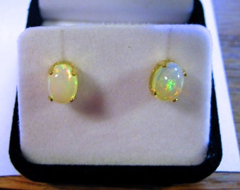 Fiery Ethiopian Welo Opal Stud Earrings Handmade 14k white yellow gold Fine Jewelry Cabochon cut Natural Gemstone Precious Stone