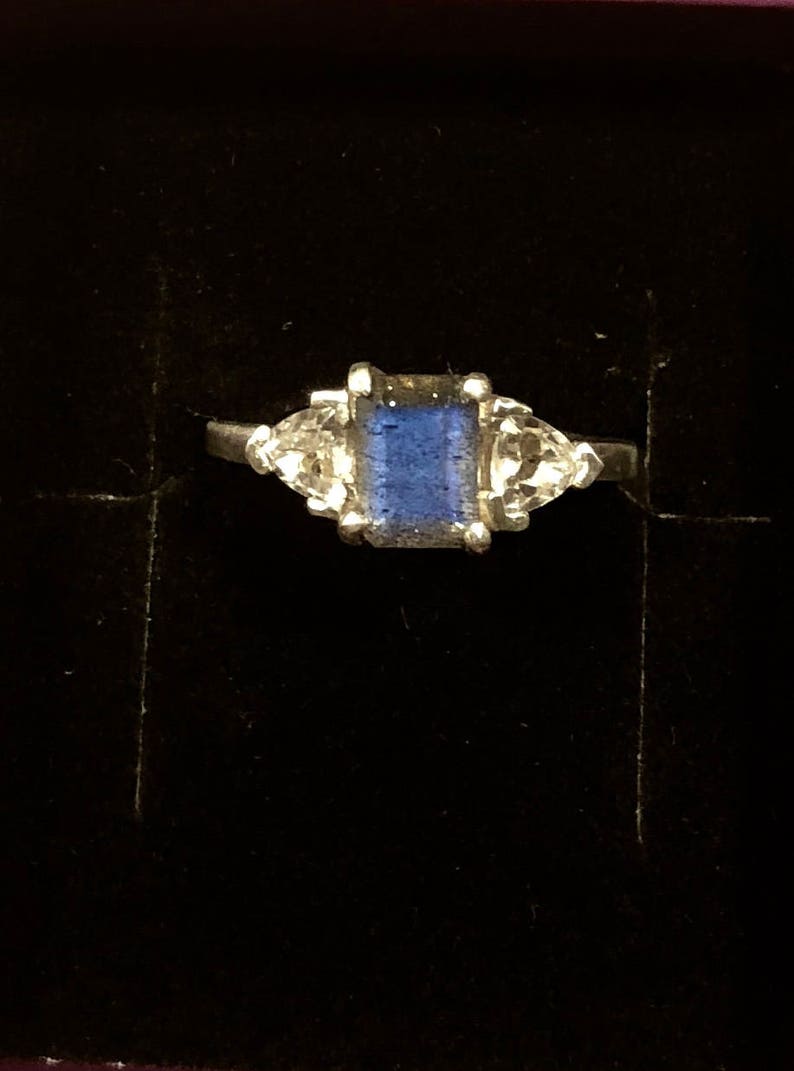 Handmade Three stone ring faceted Labradorite Emerald Cut white topaz trillions sterling silver Blue Custom size 4 5 6 7 8 9 10 fine jewelry