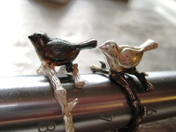 Sterling Silver Birdie Branch Ring handmade Crow Blackbird Magpie Robin PMC Art Clay Fine Jewelry sizes 5 6 7 8 9 half 1/2 twig vine tree