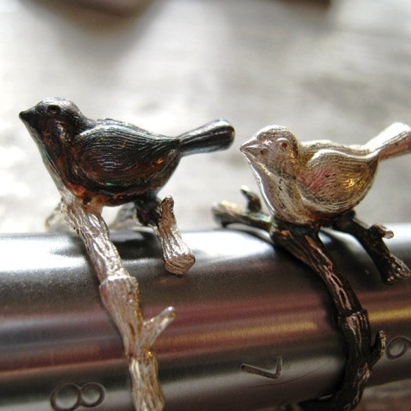 Sterling Silver Birdie Branch Ring handmade Crow Blackbird Magpie Robin PMC Art Clay Fine Jewelry sizes 5 6 7 8 9 half 1/2 twig vine tree