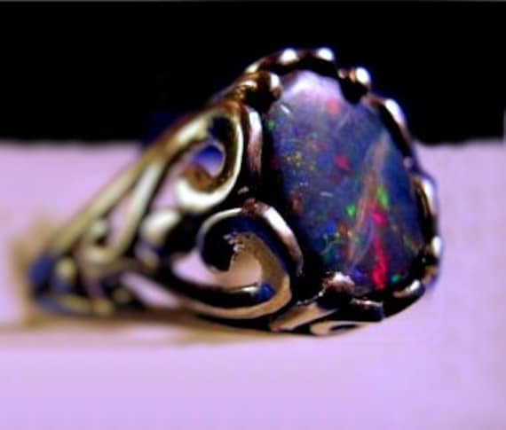 Opal Triplet black blue red green orange fire Sterling Silver Ring unisex filigree scroll handmade half sizes 4 5 6 7 8 9 10 11 fine jewelry