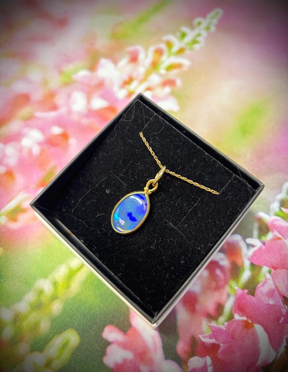 Genuine Ethiopian Opal Cabochon 14k Gold Filled Pendant Necklace 23x11mm Blue Green Purple Fire Translucent Large Handmade Fine Jewelry