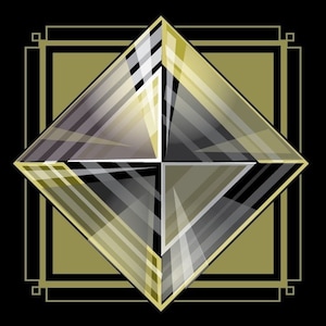 May include: A geometric, faceted, diamond-shaped object with a gold border. The object is set against a gold background with a black border.