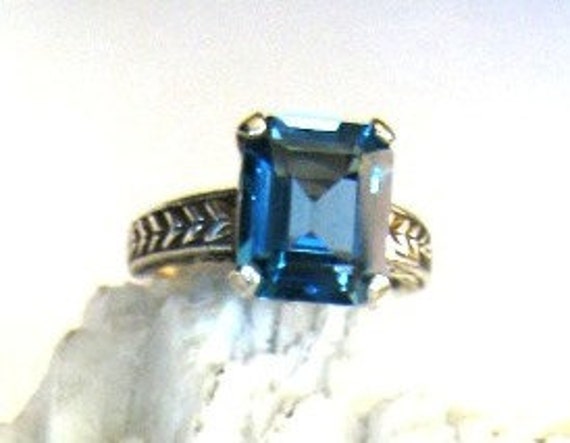 Emerald Cut London Blue Topaz patterned sterling silver band ring custom size 4 5 6 7 8 9 10 handmade fine jewelry