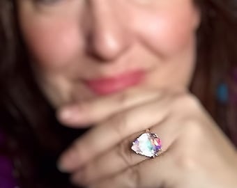 Anillo o colgante de lágrima de cuarzo místico hecho a mano en plata esterlina, joyería fina azul púrpura de la aurora boreal angelical, tamaño 1/2 4 5 6 7 8 9 10 11