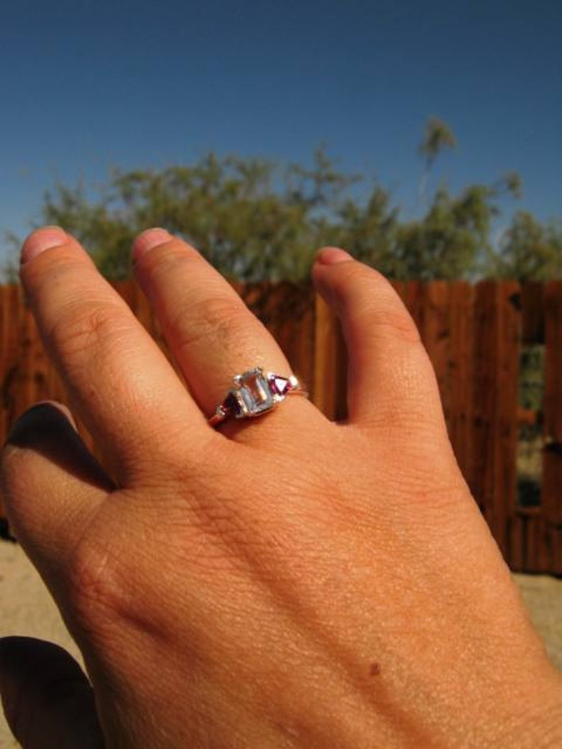 White Topaz 3 stone Sterling Silver Ring Handmade Green Emerald Tsavorite Pink Sapphire Purple Tanzanite Fine jewelry half 3 4 5 6 7 8 9 10 image 3