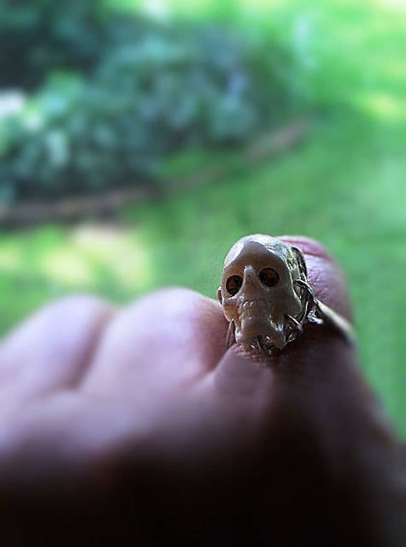 Weird ScArY sKuLL RiNg Carved Bone Genuine red garnet eyes Sterling Silver Oddities Skeleton Handmade custom size 5 6 7 8 9 10 11