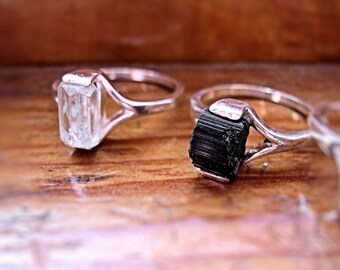 Genuine Raw Black Tourmaline Crystal Specimen Ring Sterling Silver handmade unisex mineral beryl topaz 4 5 6 7 8 9 10 half sizes unique odd
