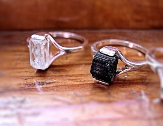 Genuine Raw Black Tourmaline Crystal Specimen Ring Sterling Silver handmade unisex mineral beryl topaz 4 5 6 7 8 9 10 half sizes unique odd