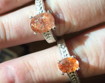 Sunstone Fiery Sparks Orange Natural Copper Collector Stone Ring Sterling Silver Handmade 1/2 4 5 6 7 8 9 10 11 half sizes fine jewelry