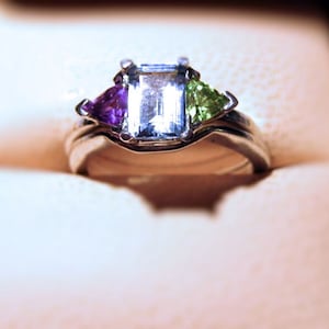 White Topaz 3 stone Sterling Silver Ring Handmade Green Emerald Tsavorite Pink Sapphire Purple Tanzanite Fine jewelry half 3 4 5 6 7 8 9 10 image 4