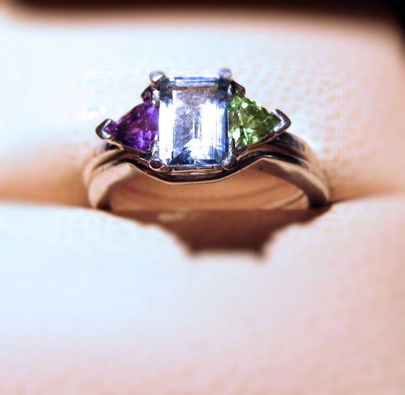 Emerald Cut Genuine Gemstone Sterling Silver Ring Trillion Accents Handmade Blue Topaz Purple Amethyst Fine jewelry size 3 4 5 6 7 8 9 10