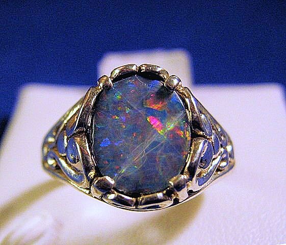 Mysterious Dark Real Opal Doublet Sterling Silver Ring scroll pattern ...