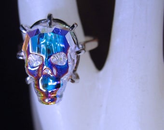 Tiny Lead Crystal Skull Ring Sterling Silver Aurora Borealis Genuine Swarovski handmade custom half sizes 3 4 5 6 7 8 9 10 11 fine jewelry