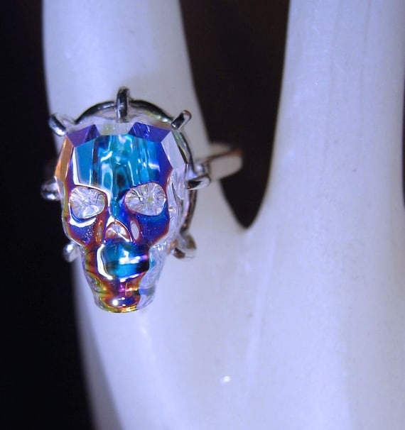 Tiny Lead Crystal Skull Ring Sterling Silver Aurora Borealis Genuine Swarovski handmade custom half sizes 3 4 5 6 7 8 9 10 11 fine jewelry