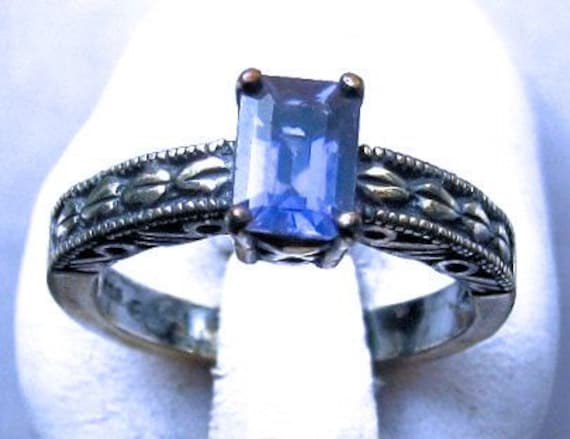 Violet Iolite Emerald Cut Gemstone Sterling Silver Patterned Band Ring handmade size 4 5 6 7 8 9 10 blue topaz golden citrine fine jewelry