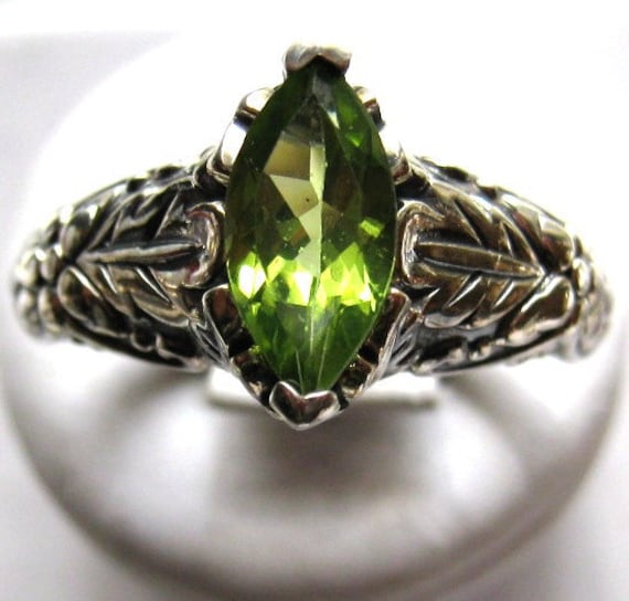 Marquise Cut Green Peridot Sterling Silver Ring Leaf Pattern Band Diamond Accents handmade fine jewelry custom sizes 4 5 6 7 8 9 half
