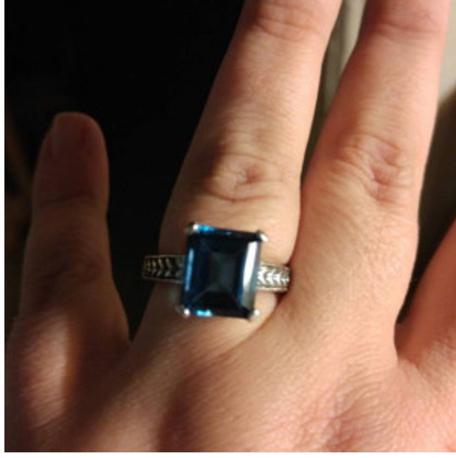 Emerald Cut London Blue Topaz Patterned Sterling Silver Band Ring ...