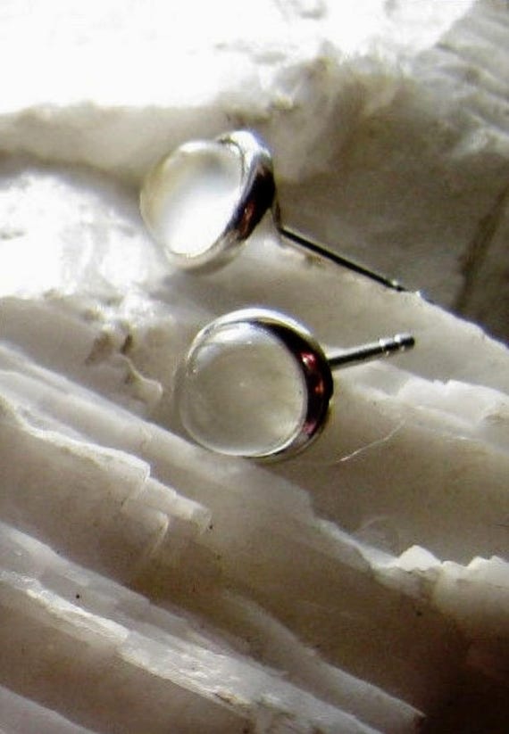 Glowing White Moonstone Stud Earrings 6mm round Sterling Silver Cats eye effect post back handmade fine jewelry