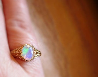 Genuine Faceted Ethiopian Welo Opal 14k yellow Gold Filigree Ring handmade fine jewelry 1/2 size 4 5 6 7 8 9 white blue orange red purple