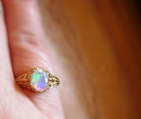 Genuine Faceted Ethiopian Welo Opal 14k yellow Gold Filigree Ring handmade fine jewelry 1/2 size 4 5 6 7 8 9 white blue orange red purple