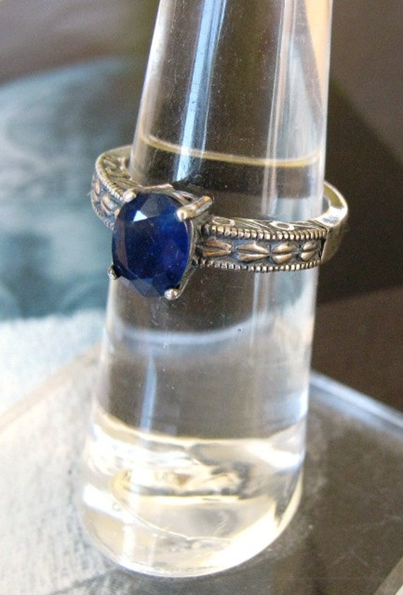 Genuine Earth Mine Blue Sapphire Solitaire Sterling Silver Patterned Heavy Band Ring Handmade custom size 4 5 6 7 8 9 10 11 fine jewelry