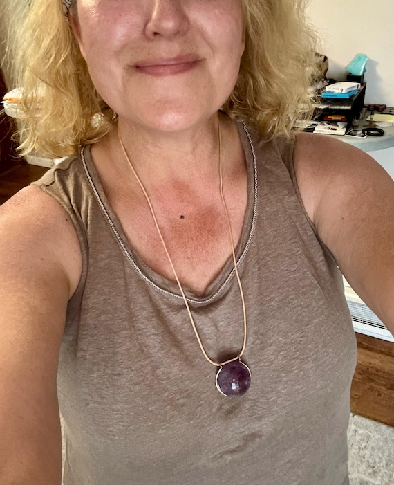 Large 14k Gold Filled Amethyst Gemstone Orb Pendant double bail choice of Leather Necklace colors lengths Purple Quartz Ball Sphere