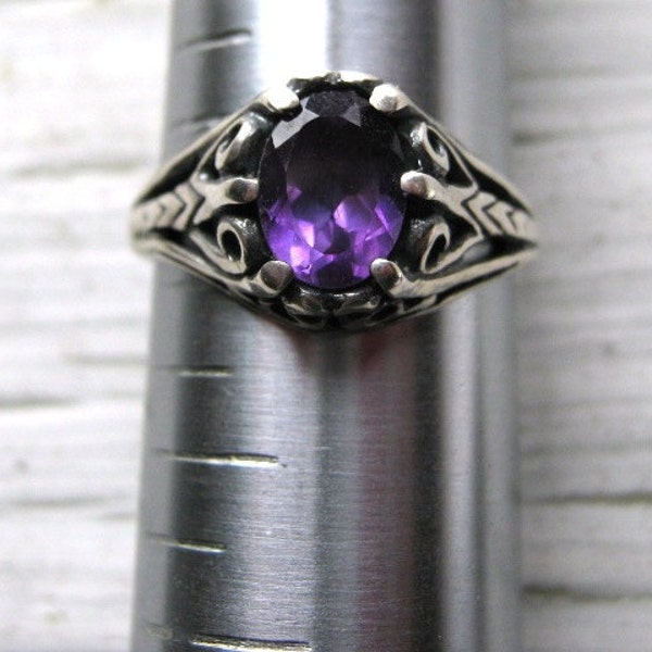 Deep Purple Amethyst Gemstone Filigree Ring Sterling Silver Handmade February Birthstone size 4 5 6 7 8 9 10 custom half sizes fine jewelry