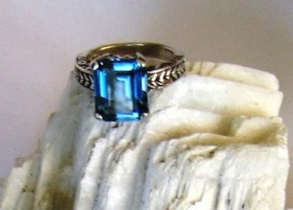 12x10mm Emerald Cut Swiss Blue Topaz Ring Sterling Silver leaf patterned handmade fine jewelry 14k gold 4 5 6 7 8 9 10 half sizes