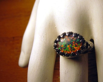 Synthetic Black Fire Opal Triplet set in interesting Heavy Sterling Silver Ring red green blue orange fiery handmade fine jewelry