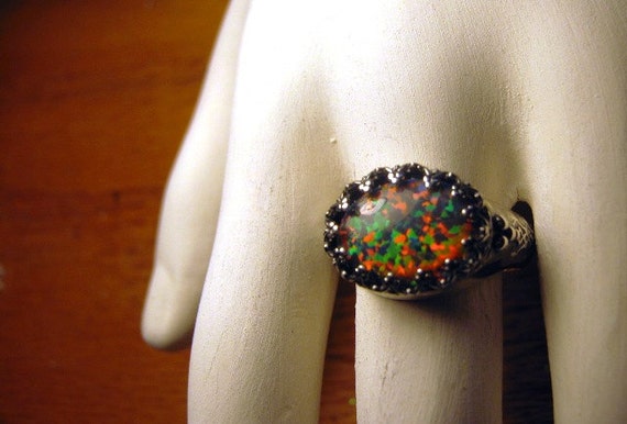 Synthetic Black Fire Opal Triplet set in interesting Heavy Sterling Silver Ring red green blue orange fiery handmade fine jewelry