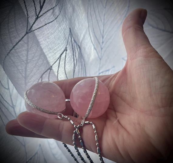 Large Rose Quartz Ball Sphere 30mm plus Pink jelly Pendant Sterling Silver Bezel Necklace love long length chain handmade fine jewelry