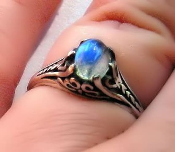 Blue Moonstone Antique Style Scrolling Ring in sterling silver filigree gypsy handmade custom sizes 4 5 6 7 8 9 10 fine jewelry